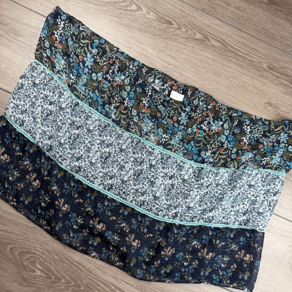 J. Jill Womens Scarf Floral Tiered Lace Trim Blue OS